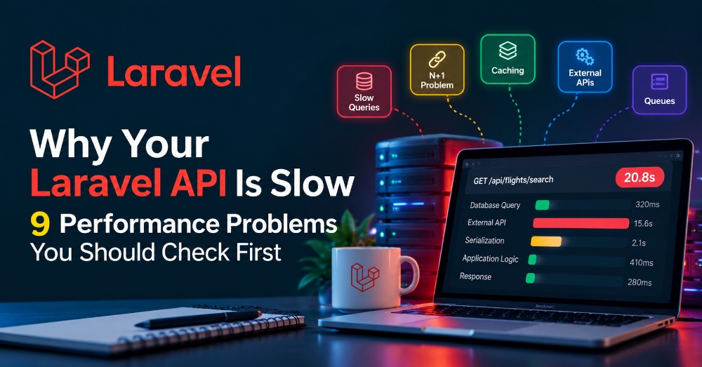 Laravel API performance optimization showing database queries, caching, queues, and external API requests.
