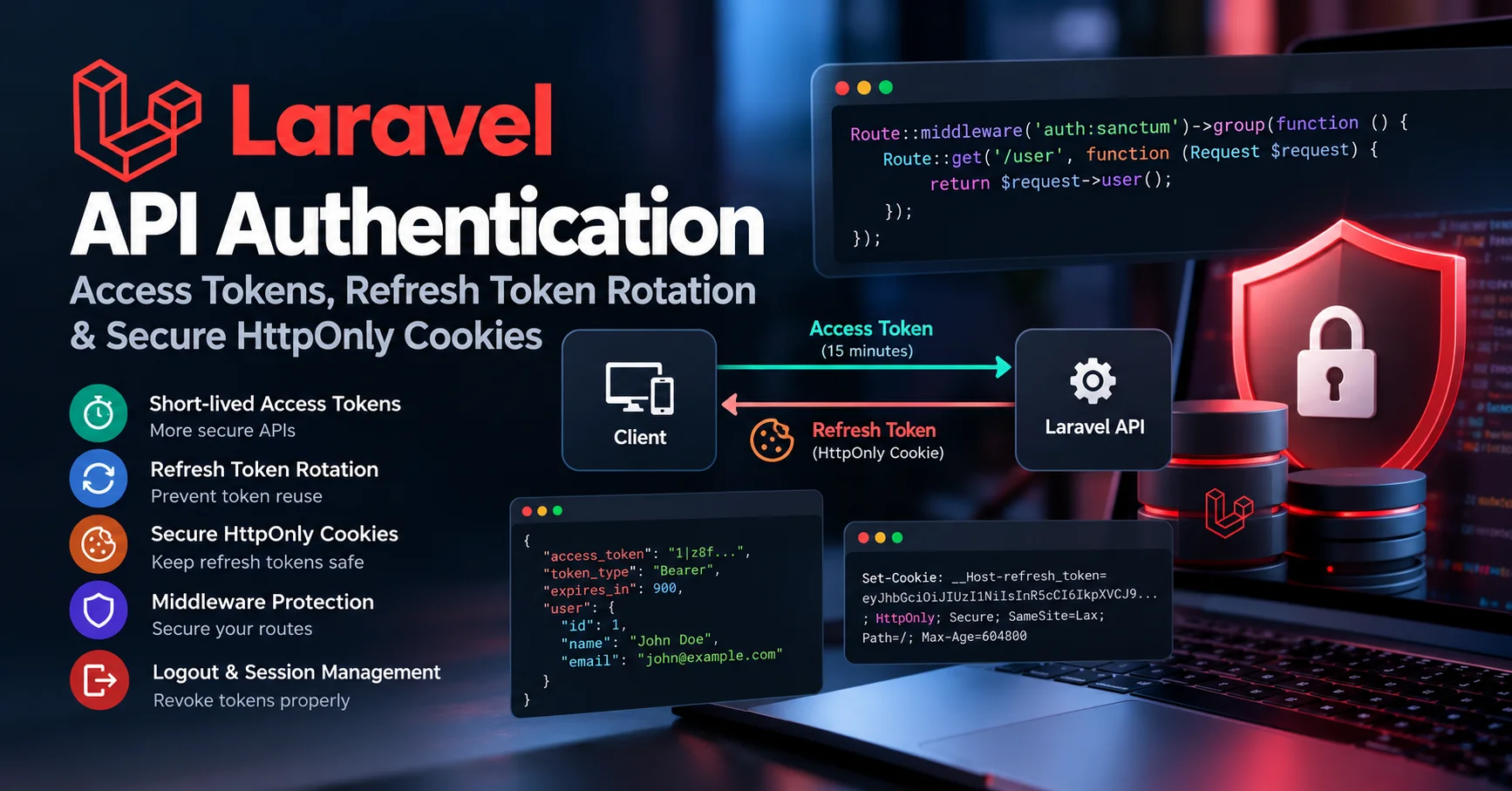 Laravel API authentication architecture showing access tokens, refresh token rotation, and secure HttpOnly cookies.