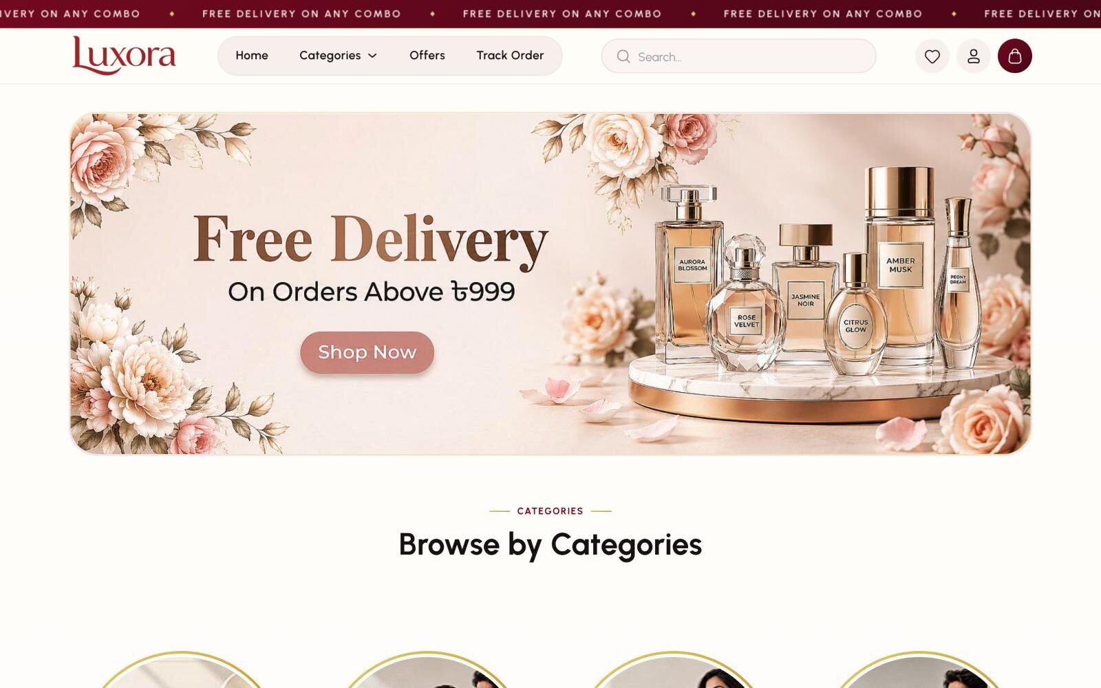 Screenshot of the Luxora home page, with a free delivery banner over perfume bottles