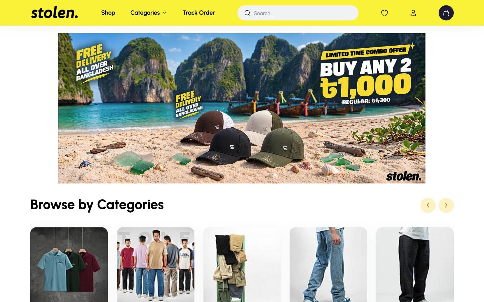 Screenshot of the Stolen shop home page, with a combo offer banner and product categories