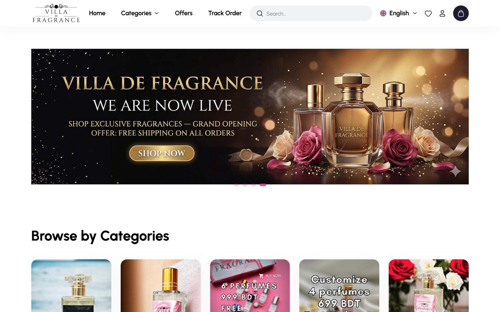 Screenshot of the Villa De Fragrance home page, with a launch banner and perfume categories